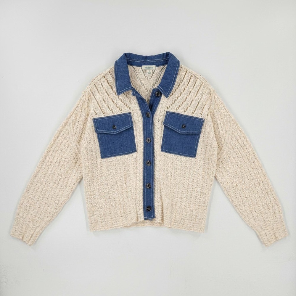 Sundance Mixed Media Open Knit Button Front Denim Trim Cardigan Size S Small